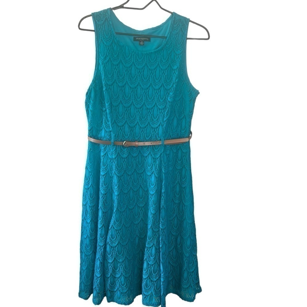 Sharagano Dress Turquoise With Brown Belt Knit Crochet, Size 12￼